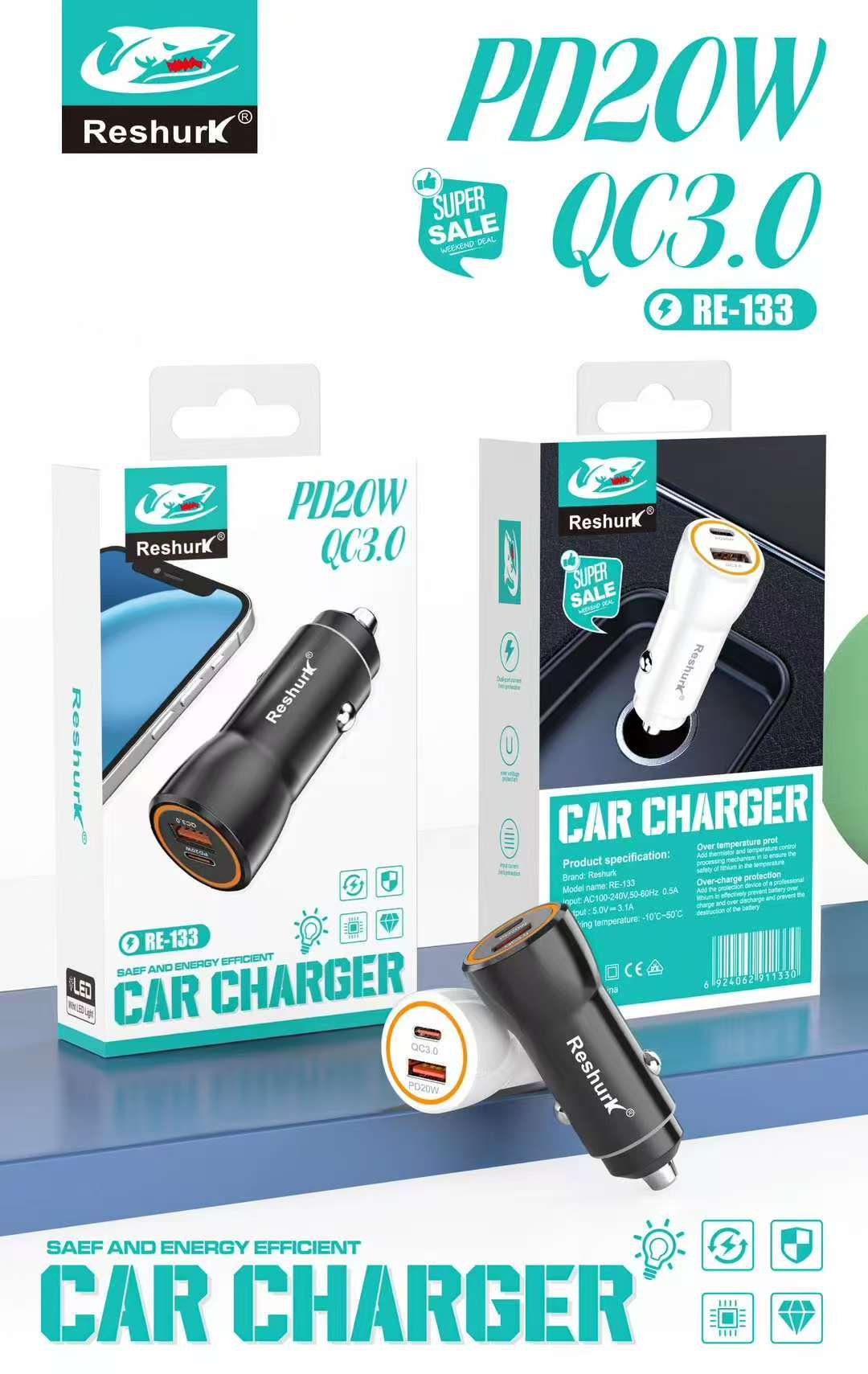599abab6-57d0-48e3-b99a-27ed1d655f6a Reshurk RE-133 PD 20W + QC 3.0 Dual Port Fast Car Charger - Image 1