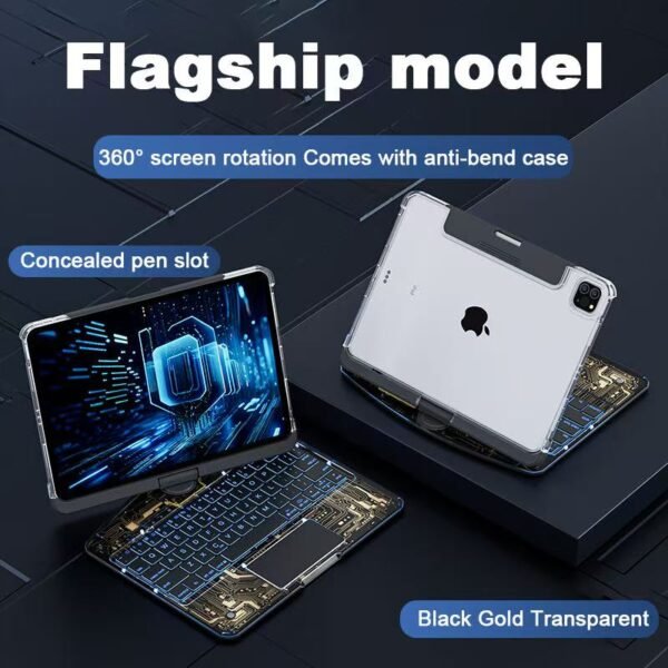 Flagship Model 360° Rotatable Transparent Keyboard Case with Trackpad & Pen Slot (Black Gold Design) - Arabic/English Layout